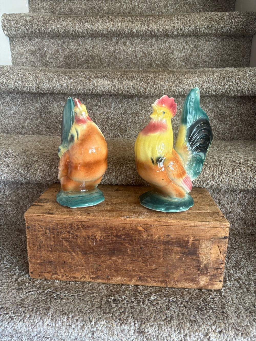 Hand-Painted Ceramic Rooster Figurine Pair in Multicolor
